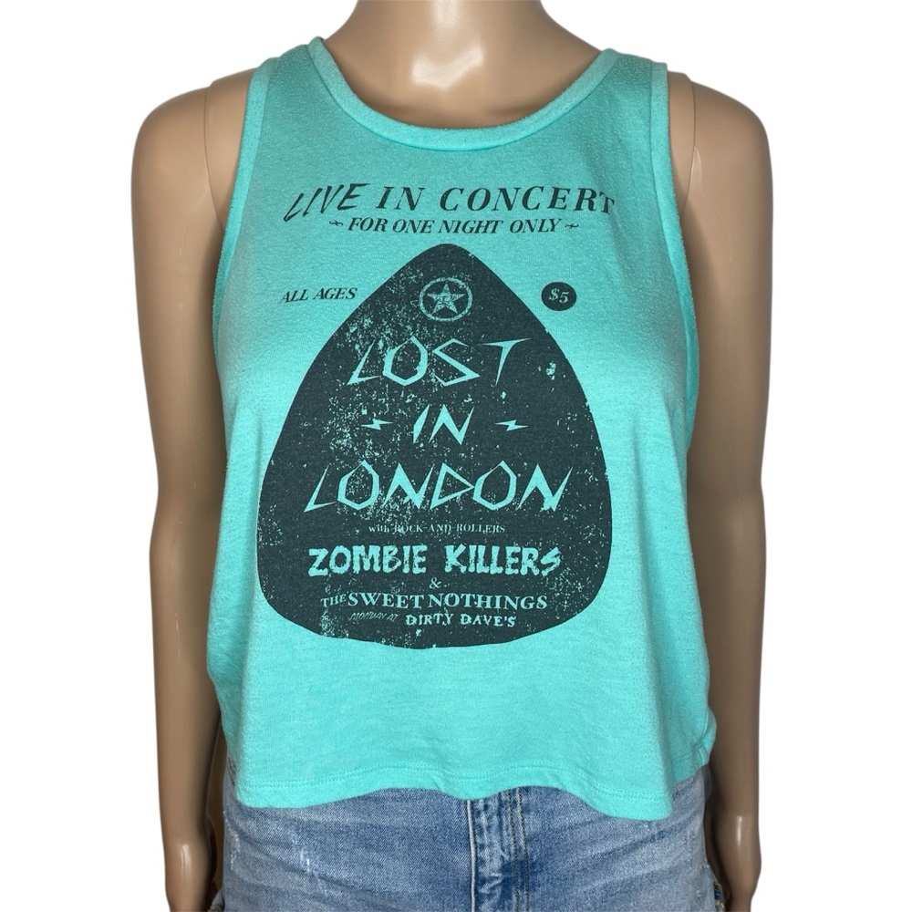 Nollie Teal & Black Casual Crewneck Concert Graphic Sleeveless Cropped Tank Top